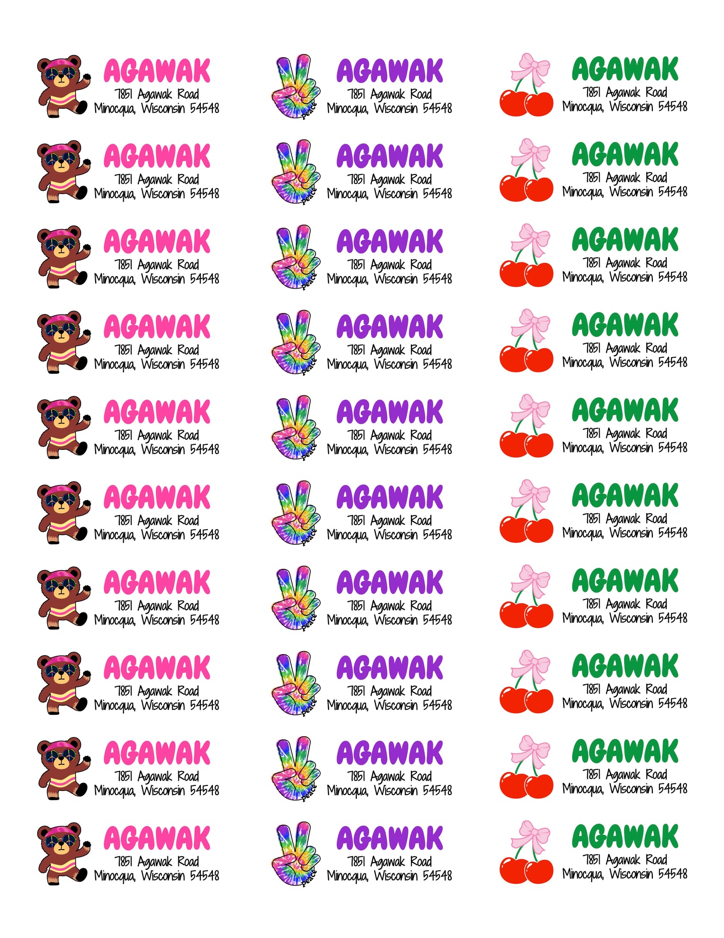 Camp Address Labels - Peace, Cherries, and Teddy Bears