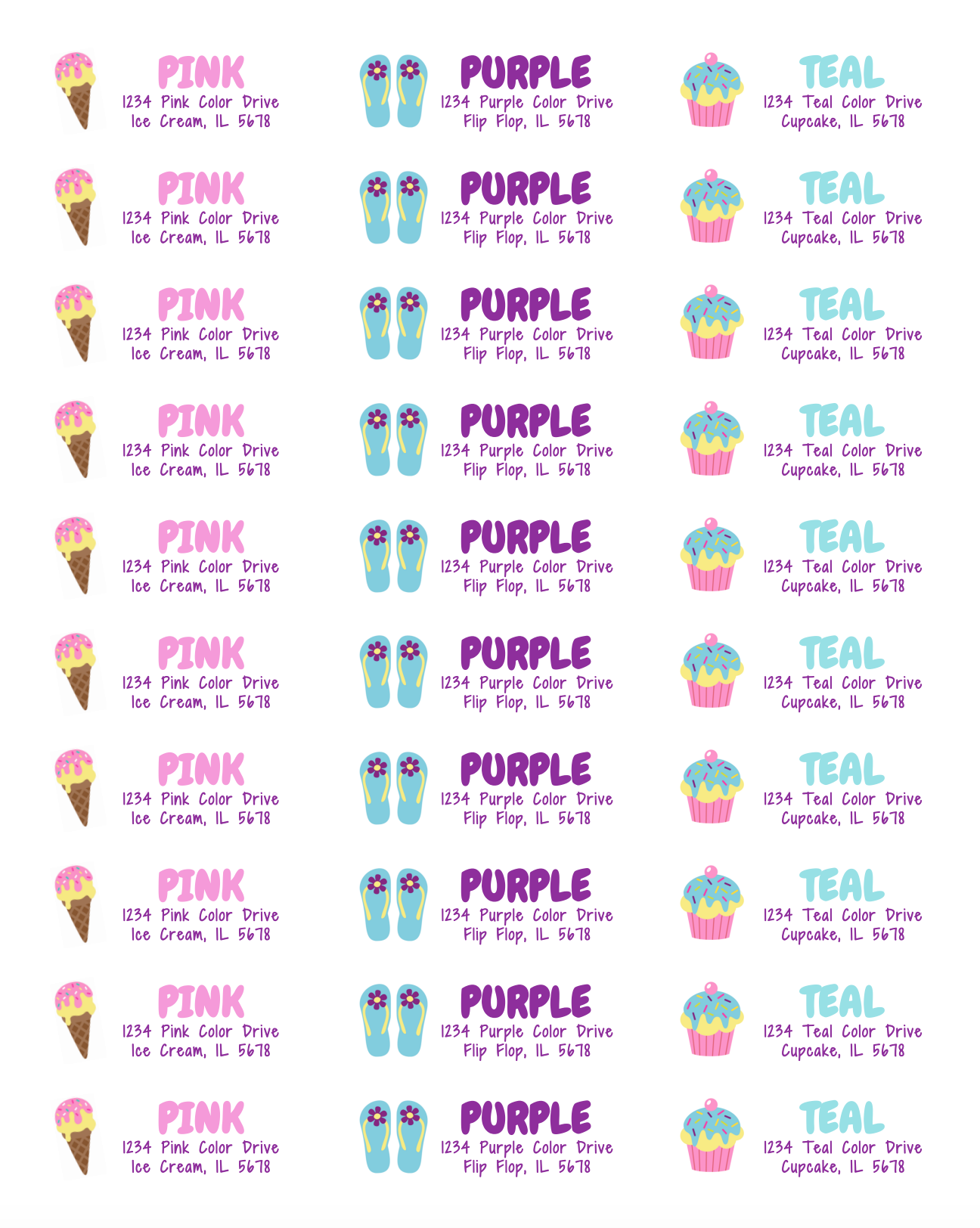Address Labels - Ice Cream, Flip Flops, Cupcakes