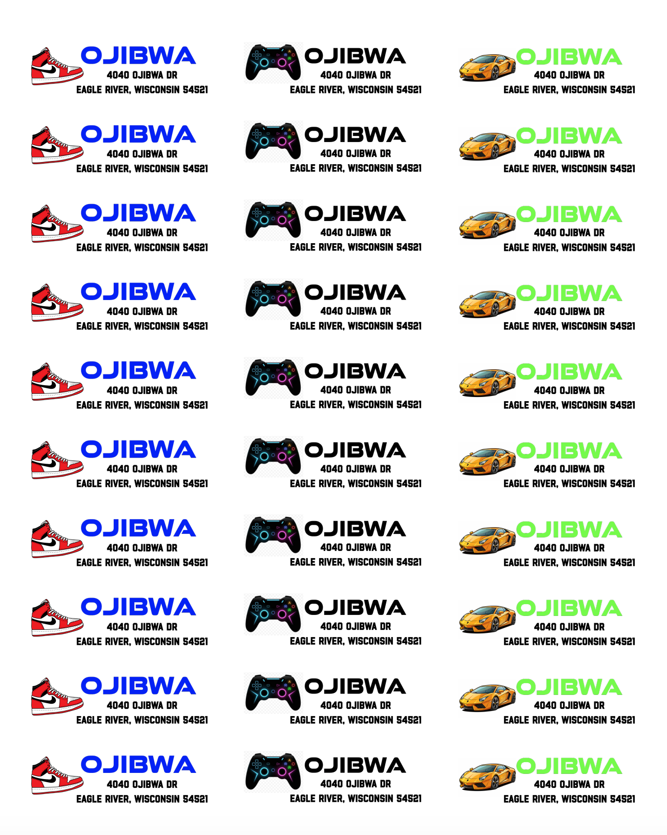 Camp Address Labels - Sneaker, Gamer, Lambo